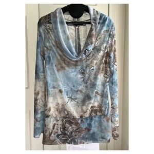 Petit Pois Draped Cowl Neck Doble Mesh Sheer Long Sleeve Blouse Boho Chic,Size S